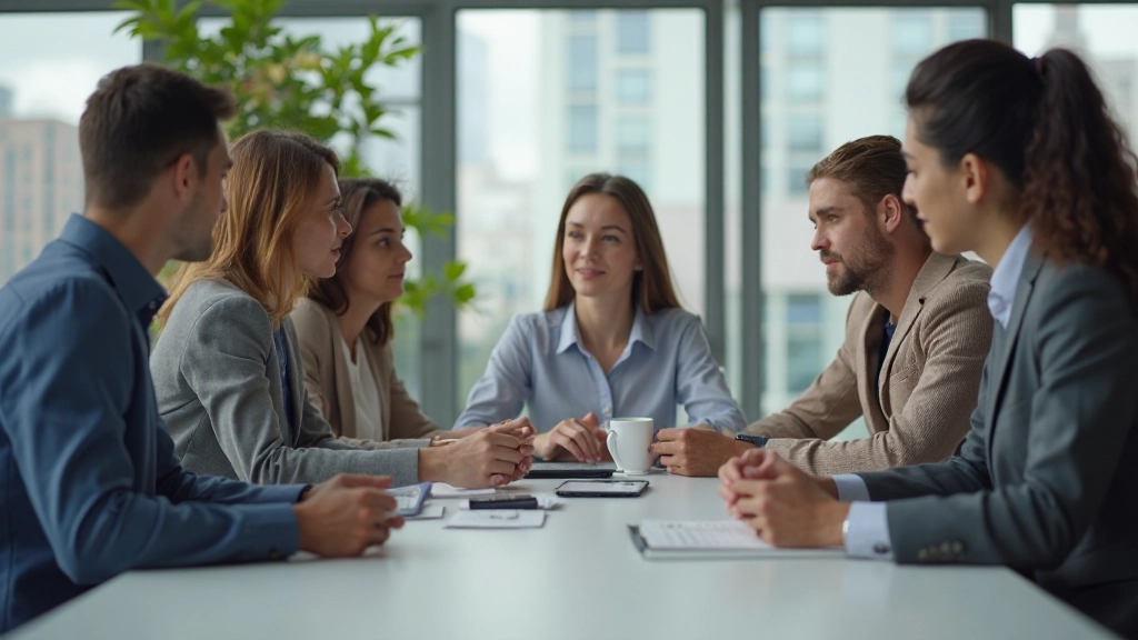 Команда маркетологов обсуждает стратегию рекламной кампании вокруг стола в конференц-зале