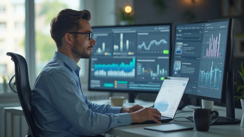 Аналитик проводит анализ метрик рекламной кампании на компьютере